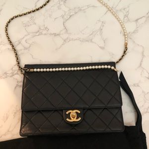 Sold Chanel lambskin quilted large pearl chain flap bag black sold!